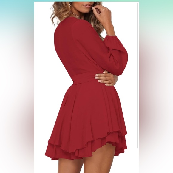 NEW Bonkwa Tiered Ruffle Hem Wrap V Neck Tie Waist Long Sleeve Red Dress Large - Picture 3 of 14